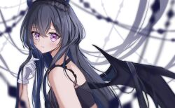  1girl black_hair black_shirt black_wings blurry blurry_foreground closed_mouth commentary_request depth_of_field from_side gloves hand_up highres ichinose_uruha koohii_mikan long_hair looking_at_viewer looking_to_the_side pink_hair shirt simple_background sleeveless sleeveless_shirt solo straight_hair upper_body virtual_youtuber vspo! white_background white_gloves wings 