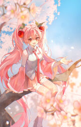  1girl ahoge blue_sky blush branch breasts cherry_blossoms cherry_hair_ornament collared_shirt commentary_request day detached_sleeves falling_petals fingernails floral_print flower food-themed_hair_ornament hair_between_eyes hair_ornament hatsune_miku headset highres ito_tuduri long_hair long_sleeves looking_at_viewer medium_breasts nail_polish necktie official_alternate_costume open_mouth outdoors petals pink_eyes pink_flower pink_hair pink_nails pink_necktie pink_petals pink_skirt pink_sleeves pink_thighhighs sakura_miku shirt sitting sitting_on_branch skirt sky sleeveless sleeveless_shirt smile solo tattoo thigh-highs tree twintails very_long_hair vocaloid watermark white_shirt white_trim wide_sleeves zettai_ryouiki 