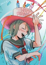 1girl absurdres aqours_2nd_years birthday blush cake candle closed_mouth commentary_request confetti dated dracham english_text food from_side grey_hair grey_sailor_collar grey_skirt hands_up happy_birthday hat highres love_live! love_live!_sunshine!! open_mouth sailor_collar school_uniform serafuku short_hair skirt smile summer_uniform teeth upper_teeth_only uranohoshi_school_uniform watanabe_you wavy_hair 