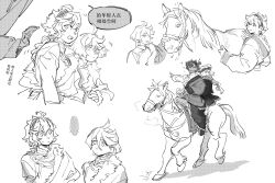  2girls absurdres ahoge alternate_costume bead_necklace beads boots chinese_text coat commentary_request cowboy_shot dark-skinned_female dark_skin earrings full_body fur-trimmed_coat fur-trimmed_robe fur_trim greyscale gundam gundam_suisei_no_majo hairband highres holding horse horseback_riding jewelry long_hair looking_at_another miorine_rembran mongolian_clothes monochrome multiple_girls necklace nideaneng pants pushing riding riding_animal robe smile suletta_mercury sweatdrop upper_body yuri 
