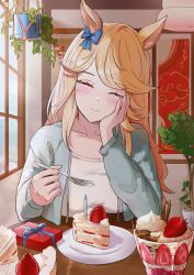  1girl animal_ears aqua_jacket blonde_hair blue_bow blush bow box breasts cake candle closed_eyes closed_mouth collarbone commentary ear_bow english_commentary facing_viewer food fork fruit gift gift_box gold_city_(umamusume) hand_on_own_cheek hand_on_own_face head_rest holding holding_fork horse_ears horse_girl jacket karu_(karusenpai) long_hair long_sleeves open_clothes open_jacket parfait plate second-party_source shirt smile solo strawberry umamusume white_shirt 