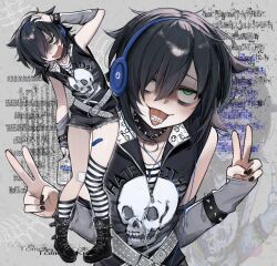  1girl bandaid belt black_hair collar commentary daodaosama1125 double_v emo_fashion goth_fashion green_eyes headphones kuroki_tomoko looking_up open_mouth single_thighhigh smile spiked_collar spikes thigh-highs tongue tongue_out v watashi_ga_motenai_no_wa_dou_kangaetemo_omaera_ga_warui! 