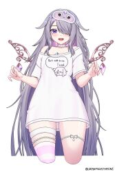  1girl chest_jewel choker colored_inner_hair gem gradient_hair grey_hair hair_over_one_eye highres hololive hololive_english jewel_under_eye koseki_bijou koseki_bijou_(pebble_pajamas) long_hair mask mask_on_head metal_wings multicolored_hair pink_hair pink_thighhighs purple_gem purple_hair seraphim_throne shirt simple_background sleep_mask solo striped_clothes striped_thighhighs thigh-highs thigh_strap very_long_hair violet_eyes virtual_youtuber white_background white_choker white_shirt 