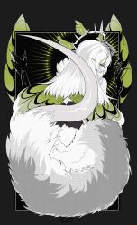  1girl antennae arthropod_girl back bare_shoulders black_sclera claws colored_sclera colored_skin from_behind gamer_supps green_eyes green_hair highres indie_virtual_youtuber insect_wings juniper_actias monster_girl moth_antennae moth_girl moth_hair_ornament moth_wings oni_kanzei partially_colored pointy_ears solo virtual_youtuber white_hair white_skin wings 