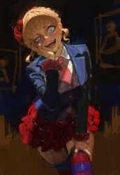  1girl antsiart beatrice_(umineko) black_shirt blazer blonde_hair blue_eyes blue_jacket blunt_bangs blush buttons collared_shirt cowboy_shot crazy_eyes crazy_smile flower frilled_wrist_cuffs frills hair_flower hair_ornament hand_on_own_face hand_on_own_thigh head_rest highres jacket layered_skirt long_sleeves multicolored_thighhighs nail_polish necktie painterly red_necktie red_skirt shirt short_hair sidelocks skirt smile solo striped_clothes striped_thighhighs thigh-highs traditional_media two-tone_thighhighs umineko_no_naku_koro_ni white_shirt wrist_cuffs zettai_ryouiki 