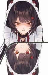  1girl :3 absurdres animal_ears apron black_collar blush brown_hair collar commentary dog_ears dog_girl frown heterochromia highres inui_toko inui_toko_(western_maid) maid_apron maid_headdress nijisanji o_w4h orange_eyes photo-referenced red_eyes reflection shaded_face simple_background solo untranslatable_commentary virtual_youtuber white_apron white_background 