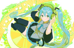  1girl belt black_skirt black_sleeves black_thighhighs blue_hair blue_necktie blush boots breasts cd collar colored_eyebrows commentary detached_sleeves english_commentary frilled_shirt frills from_above full_body green_eyes grey_shirt hands_up hatsune_miku headphones highres holding holding_headphones long_hair looking_at_viewer musical_note musical_note_print necktie shi_rushi shirt skirt sleeveless sleeveless_shirt smile solo square_hair_ornament thigh-highs thigh_boots twintails two-tone_skirt vocaloid wide_sleeves 