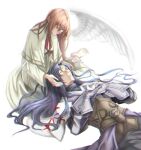  1boy 1girl barefoot closed_eyes closed_mouth dress feathered_wings feathers feet gloves krelian_(xenogears) long_hair orange_hair simple_background single_wing sophia_(xenogears) ssm_chan_009 white_background wings xenogears 