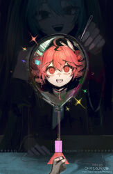  1other 2girls ahoge balloon blue_hair chocojax creator_name dark detached_sleeves drill_hair empty_eyes evil_smile exit_sign hatsune_miku highres holding holding_balloon holding_sewing_needle kasane_teto multiple_girls red_eyes red_hair ringed_eyes sharp_teeth smile sparkle teeth twin_drills utau vocaloid 