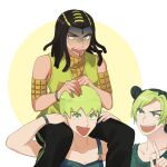  absurdres black_hair braid carrying double_bun ermes_costello foo_fighters green_eyes green_hair hairlocs highres jojo_no_kimyou_na_bouken kujo_jolyne multicolored_hair overalls road9ame short_hair shoulder_carry stone_ocean two-tone_hair 