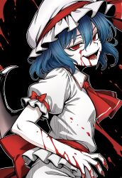  1girl absurdres ascot back_bow bat_wings blood blood_on_face blood_on_hands blue_hair bow breasts collared_shirt commentary_request frilled_shirt_collar frills hat hat_ribbon highres looking_at_viewer medium_hair mob_cap open_mouth puffy_short_sleeves puffy_sleeves red_ascot red_bow red_eyes remilia_scarlet ribbon ryoan_(voyagehermitage) shirt short_sleeves skirt sleeve_bow small_breasts smile solo touhou white_shirt white_skirt wings 