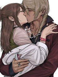 1boy 1girl ace_attorney amikoiiko apollo_justice:_ace_attorney black_shirt blonde_hair blush breast_pocket brown_hair chain chain_necklace closed_eyes collarbone collared_shirt dark-skinned_male dark_skin drill_hair ema_skye fingernails green_vest half_updo hand_on_another's_shoulder hetero highres holding holding_jewelry holding_necklace holding_removed_eyewear hug initial jacket jewelry kiss klavier_gavin lab_coat lapels long_hair long_sleeves middle_ring mismatched_eyebrows necklace notched_lapels off_shoulder open_collar pectoral_cleavage pectorals pink-tinted_eyewear pink_shirt pink_wrist_cuffs pocket popped_collar purple_jacket shirt side_drill simple_background sleeves_rolled_up suit_jacket sunglasses sweat tinted_eyewear toned toned_male unworn_eyewear upper_body vest waistcoat watch white-framed_eyewear white_background wrist_cuffs