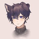  1boy animal_ears blue_eyes blush brown_background closed_mouth dog_ears earrings eyebrows_visible_through_hair frown hair_between_eyes indie_virtual_youtuber jewelry male_focus shoto_(vtuber) signature simple_background single_earring solo stud_earrings upper_body virtual_youtuber yuuqkn 