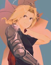  2boys 7enn alphonse_elric black_shirt blonde_hair braid brothers closed_mouth coat edward_elric fullmetal_alchemist jacket living_armor long_hair male_focus mechanical_arms multiple_boys ponytail prosthesis prosthetic_arm red_coat red_jacket shirt siblings single_braid single_mechanical_arm smile upper_body yellow_eyes 