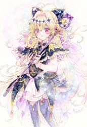  1girl antenna_hair black_capelet blonde_hair brooch capelet closed_mouth commentary_request cowboy_shot cure_arcana_shadow diamond_hairband frilled_capelet frilled_cuffs frills hair_intakes heart heart_brooch holding holding_rod jewelry long_hair looking_at_viewer magical_girl meitantei_precure! moria_luluka pink_eyes precure purple_thighhighs purple_veil rod smile solo tear_arcana_rod thigh-highs veil zettai_ryouiki zevevanes 