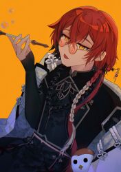  1boy :p androgynous anemyuri bead_necklace beads bird black_hair black_robe braid bubble changpao chinese_clothes coat coat_on_shoulders commentary cowboy_shot hair_ornament hair_stick hanasaki_miyabi hanasaki_miyabi_(8th_costume) highres holding holding_smoking_pipe holostars jewelry kyomu_suzume long_braid long_hair long_sleeves low_ponytail male_focus midriff_peek multicolored_hair necklace official_alternate_costume official_alternate_hairstyle ponytail red-tinted_eyewear red_hair robe round_eyewear single_braid sleeves_past_wrists smoking_pipe sunglasses tinted_eyewear tongue tongue_out untranslatable_commentary virtual_youtuber white_coat white_hair yellow_background yellow_eyes 