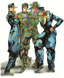  4boys araki_hirohiko battle_tendency black_hair black_hat black_pants bracelet chain collared_shirt cowboy_hat diamond_wa_kudakenai family father_and_child father_and_son gakuran gold_chain grandfather_and_grandson green_hat green_pants green_shirt green_shoes hand_on_own_hip hat heart_pin higashikata_josuke high_collar highres hug jewelry jojo_no_kimyou_na_bouken jonathan_joestar joseph_joestar joseph_joestar_(young) knee_pads kujo_jotaro male_focus multiple_boys official_alternate_costume official_art pants parent_and_child peaked_cap phantom_blood pompadour scan school_uniform second-party_source shirt shoes stardust_crusaders time_paradox traditional_media 