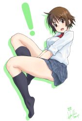  ! 1girl :o ahoge between_legs black_socks blush breasts brown_eyes brown_hair commentary_request dress_shirt drop_shadow full_body hand_between_legs highres hori_shin kneehighs large_breasts looking_at_viewer necktie no_shoes open_mouth original plaid_clothes plaid_skirt pleated_skirt red_necktie school_uniform shirt short_hair simple_background skirt sleeves_rolled_up socks solo surprised thick_eyebrows thick_thighs thighs white_background white_shirt 