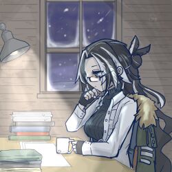  1girl arknights bags_under_eyes black_gloves black_hair black_sweater book book_stack breasts commentary_request cup desk feather_hair fingerless_gloves fur-trimmed_jacket fur_trim glasses gloves green_jacket hair_bun highres himajin_(fd_jin) indoors jacket lamp long_hair medium_breasts mug multicolored_hair open_clothes open_jacket ribbed_sweater sitting snegurochka_(arknights) snow solo streaked_hair sweater unworn_jacket upper_body very_long_hair wavy_hair white_jacket white_streaks window 