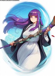  1girl black_robe blue_sky blunt_bangs breasts commentary cowboy_shot curvy dress erotic_nansensu eyelashes fern_(sousou_no_frieren) floating_hair half_updo highres holding holding_staff large_breasts long_hair long_sidelocks looking_at_viewer mage_staff narrow_waist purple_hair robe sidelocks sky sousou_no_frieren staff straight_hair very_long_hair violet_eyes white_dress 