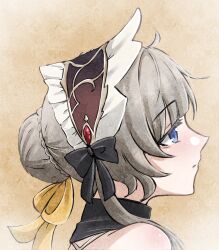  1girl bare_shoulders black_bow black_collar blue_eyes blush bonnet bow braid brown_hair bun_with_braided_base closed_mouth collar commentary detached_collar genshin_impact hair_bow hair_bun highres nonoberry22 portrait profile sandrone_(genshin_impact) solo yellow_bow 