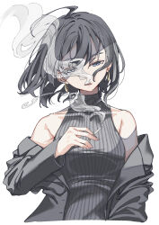  1girl absurdres bare_shoulders character_request cigarette collarbone commentary_request copyright_request earrings grey_eyes grey_hair grey_jacket grey_sweater highres holding holding_cigarette hoop_earrings jacket jewelry off_shoulder open_clothes open_jacket open_mouth short_hair simple_background sleeveless sleeveless_sweater smoke smoking solo sweater turtleneck turtleneck_sweater white_background yu_sa1126 