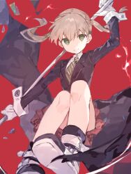  1girl black_shoes brown_hair caddy_cyd coat collared_shirt diagonal-striped_clothes diagonal-striped_necktie dot_nose dress_shirt floating green_eyes green_necktie highres holding holding_scythe lapels long_sleeves necktie no_pupils overcoat plaid_clothes plaid_skirt pleated_skirt red_background red_skirt scythe shirt shoe_belt shoes simple_background skirt smile sneakers solo soul_eater striped_clothes tareme twintails two-tone_necktie white_necktie white_shirt 