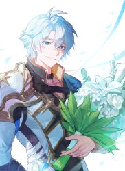 1boy absurdres antenna_hair armor bishounen black_choker black_shirt blue_eyes bouquet choker coat commentary falling_petals flower highres holding holding_bouquet honkai:_star_rail honkai_(series) lily_(flower) lily_of_the_valley looking_at_viewer male_focus parted_bangs pauldrons petals phainon_(honkai:_star_rail) quokaisgood rose shirt short_hair shoulder_armor single_pauldron smile solo untranslatable_commentary white_coat white_flower white_hair white_lily white_rose 