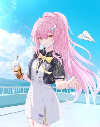  1girl absurdres adapted_costume aemeath_(student)_(wuthering_waves) aemeath_(wuthering_waves) ahoge black_jacket blue_sky bow bowtie breasts chinese_commentary commentary_request cup day dress fingernails hair_ornament highres holding holding_cup jacket long_fingernails long_hair looking_at_viewer medium_breasts nail_polish orange_eyes outdoors paper_airplane parted_lips pink_hair pink_nails ponytail rooftop short_sleeves sky smile solo star-shaped_pupils star_(symbol) symbol-shaped_pupils white_dress wuthering_waves xiaoye795 yellow_bow yellow_bowtie 