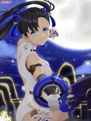  1girl bare_shoulders black_hair blue_eyes breasts cleavage_cutout clothing_cutout dress gloves hair_ornament highres jewelry large_breasts long_hair looking_at_viewer pelvic_curtain sleeveless sleeveless_dress solo thigh-highs tower_of_fantasy twintails user_nwms3223 very_long_hair white_dress white_gloves yulan_(tower_of_fantasy) 