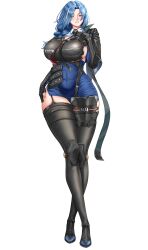  1girl abs absurdres black_gloves black_necktie black_thighhighs blue_hair braid breasts commentary covered_abs covered_navel curtained_hair dapx dp-12_(girls'_frontline) elbow_gloves english_commentary full_body garter_straps girls'_frontline_2:_exilium girls_frontline gloves grey_eyes helen_(girls'_frontline_2) highres huge_breasts knee_guards large_breasts long_hair multicolored_hair muscular muscular_female necktie parted_bangs parted_lips simple_background single_braid smile solo standing streaked_hair tachi-e thigh-highs two-tone_hair white_background 