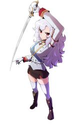  1girl absurdres aiguillette alpha_(alpha_1918) armband black_skirt blue_sash boots breasts buttons collar commission commissioner_upload cross cross_pendant double-breasted epaulettes fluffy fluffy_hair full_body gloves gold_buttons gold_trim hair_ornament highres holding holding_sword holding_weapon lips long_hair looking_at_viewer medium_breasts military military_dress_uniform military_uniform miniskirt non-web_source optaku original paint red_eyes russian_empire saber_(weapon) sash serious simple_background skirt sleeve_cuffs solo standing sticker sword thick_thighs thigh-highs thighs very_long_hair weapon white_background white_gloves white_hair white_thighhighs 