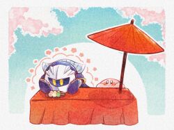  blue_eyes blush border cherry_blossoms commentary_request dango food highres kirby kirby_(series) mask meta_knight no_humans oil-paper_umbrella outline outside_border red_umbrella sanshoku_dango tokkakyou umbrella wagashi white_border white_outline 