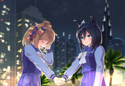  2girls amazumi animal_ears black_hair blue_eyes blush bob_cut bow bowtie breasts brown_hair closed_eyes closed_mouth commentary_request crying ear_ribbon ear_scrunchie eishin_flash_(umamusume) hair_between_eyes hair_bow hair_ornament highres holding_hands horse_ears horse_girl long_sleeves medium_breasts medium_hair multiple_girls multiple_hair_bows night open_mouth outdoors pink_bow pleated_skirt purple_bow purple_sailor_collar purple_serafuku purple_shirt purple_skirt rubbing_eyes sailor_collar sailor_shirt school_uniform scrunchie serafuku shirt short_hair skirt sky smart_falcon_(umamusume) smile star_(sky) swept_bangs tears tracen_school_uniform twintails umamusume white_bow white_bowtie white_scrunchie wiping_tears yellow_bow 