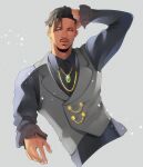  1boy alternate_costume beard black_eyes black_hair black_panther_(film) dark-skinned_male dark_skin earrings facial_hair formal hairlocs hand_in_hair jewelry killmonger male_focus marvel marvel_cinematic_universe matsu_(bandan) necklace solo vest waistcoat 