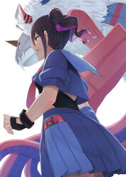 absurdres black_hair blue_jacket blue_skirt commentary_request cowboy_shot cropped_jacket digimon digimon_(creature) digimon_beatbreak double_bun from_behind hair_bun hasegawa_(hase_popopo) highres jacket marinchimairamon multicolored_hair purple_hair sakai_honoka skirt solo_focus streaked_hair two-tone_hair 