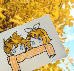  1boy 1girl ahoge blonde_hair blue_eyes blue_sky blush bow chibi clouds commentary_request ginkgo_leaf ginkgo_tree hair_bow hair_ornament hairclip headphones highres index_card kagamine_len kagamine_rin leaf mani_(manidrawings) marker_(medium) medium_hair orange_scarf outdoors parallel_hairclips parted_bangs photo_(medium) plaid_clothes plaid_scarf ponytail scarf short_hair sidelocks sky smile traditional_media unconventional_media vocaloid white_bow 