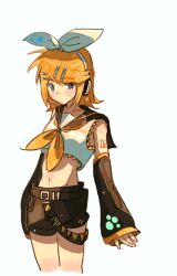  1girl arm_warmers black_sailor_collar black_shorts blonde_hair blue_eyes blush bow hair_ornament hairclip headphones headset kagamine_rin looking_to_the_side navel neckerchief number_tattoo open_mouth parallel_hairclips sailor_collar short_hair shorts simple_background tattoo vocaloid white_background white_bow xewitbrd yellow_nails yellow_neckerchief yellow_trim 