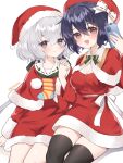  2girls :d artist_name black_legwear bow breasts cellphone christmas fingernails grey_eyes grey_hair hair_between_eyes hair_bow hat highres holding holding_hands holding_phone interlocked_fingers kaoruru_(sakuno2911) konno_junko medium_breasts mizuno_ai multiple_girls phone purple_hair santa_dress santa_hat selfie short_hair sitting smile thigh-highs thighs twitter_username violet_eyes white_bow zombie_land_saga 