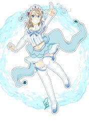  1girl absurdres birthday blue_eyes blue_shoes commentary detached_sleeves earrings full_body grey_hair grin highres jewelry koi_ni_naritai_aquarium love_live! love_live!_sunshine!! medium_hair midriff navel shoes signature smile solo thigh-highs tiara translation_request watanabe_you water white_background white_thighhighs yuusei_honpo 