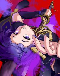  1boy arched_back armor bangs_pinned_back black_bodysuit black_kimono black_sleeves bodysuit clenched_hand eyelashes fingernails frilled_sleeves frills from_behind furisode genshin_impact gold gold_trim grin guyuqiuhen1 highres holding holding_sword holding_weapon human_scabbard japanese_armor japanese_clothes jewelry juban katsuragikiri_nagamasa_(genshin_impact) kimono kote kurokote layered_sleeves looking_at_viewer male_focus neck_ring o-ring open_hand purple_hair purple_sash purple_sleeves red_background red_kimono red_pupils red_sash sash scaramouche_(genshin_impact) sheath short_sleeves smile smoke solo sword tassel teeth unsheathing violet_eyes weapon white_kimono 