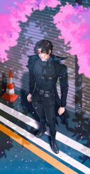  1boy belt_collar black_coat black_hair black_shirt cherry_blossoms cherry_tree chest_belt coat collar commentary falling_petals from_above full_body glaring highres kyoshich looking_at_viewer male_focus omniscient_reader's_viewpoint open_clothes open_coat petals popped_collar shirt short_hair solo standing traffic_cone yoo_joonghyuk 