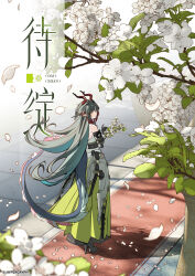 1girl arknights arknights:_endfield armor bare_shoulders black_gloves blunt_bangs braid branch chinese_commentary commentary_request copyright_notice detached_sleeves dragon_girl dragon_horns dragon_tail eastern_dragon_horns eastern_dragon_tail eyeshadow falling_petals floating_hair from_above full_body gloves green_hair green_pants hair_intakes hair_ornament hair_stick half_up_braid highres holding holding_branch horns light_smile long_hair looking_back makeup multicolored_hair official_art orange_pupils outdoors pants pauldrons pear_blossoms petals pointy_ears red_eyeshadow red_horns red_streaks shoulder_armor sidelocks single_pauldron solo strapless streaked_hair tail tassel tassets very_long_hair very_long_tail zhuang_fangyi_(arknights) 