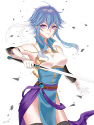  1girl ahoge armor armpits belt black_thighhighs blue_hair blue_tunic blush breastplate breasts brooch commentary commission commissioner_upload elbow_gloves english_commentary fire_emblem fire_emblem:_genealogy_of_the_holy_war gloves grin hand_up headband highres holding holding_sword holding_weapon jewelry looking_at_viewer medium_breasts nachi_(nacchong) no_panties original pelvic_curtain popped_collar sash selia_(mrtalkingdino) shoulder_armor skeb_commission sleeveless smile solo standing sword thigh-highs thighs tomboy tunic violet_eyes weapon white_background white_headband 