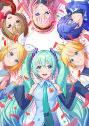  2boys 4girls aqua_eyes aqua_hair aqua_necktie aqua_trim black_sailor_collar black_sleeves blonde_hair blue_eyes blue_hair blush brother_and_sister brown_eyes brown_hair closed_mouth collarbone collared_shirt commentary_request falling_feathers feathers grey_shirt hair_between_eyes hair_ornament hatsune_miku headset highres kagamine_len kagamine_rin kaito_(vocaloid) long_hair looking_at_viewer megurine_luka meiko_(vocaloid) multiple_boys multiple_girls necktie open_mouth parted_lips pink_hair red_feathers sailor_collar saito_emu shirt siblings sleeveless sleeveless_shirt smile tie_clip twintails very_long_hair vocaloid white_shirt 