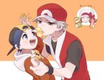  1girl 2boys :d backwards_hat baseball_cap black_hair blush bow brown_eyes brown_hair cabbie_hat commentary_request ethan_(pokemon) hat hat_bow holding jacket long_hair long_sleeves lyra_(pokemon) mouth_hold multiple_boys open_mouth orange_background pokemon pokemon_(game) pokemon_frlg pokemon_hgss pringles pringles_can pumpkinpan red_(pokemon) shirt short_hair short_sleeves smile teeth tongue twintails white_headwear wristband 