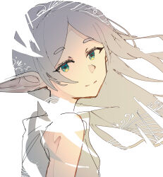  1girl closed_mouth dress elf frieren green_eyes highres koda_(ko_da_yo) long_hair pointy_ears simple_background sousou_no_frieren white_background white_dress white_hair 