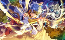  1boy animal asch_albright beads clouds fangs fingernails grey_hair headband helios_rising_heroes highres jewelry looking_at_viewer male_focus necklace official_art open_mouth orange_eyes pants sharp_fingernails smile solo tattoo teeth tiger 