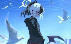  1girl bird black_hair black_horns blue_archive choker closed_mouth colored_tips glowing glowing_halo halo hand_in_pocket highres hood hoodie horns kayoko_(blue_archive) looking_at_viewer looking_back multicolored_hair pigeon ponytail red_eyes red_skirt shi_draco single_wing skirt sky solo turning_head white_hair white_halo wings 