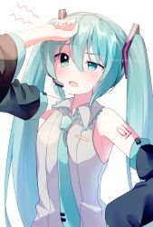  1girl aqua_eyes aqua_hair aqua_necktie arm_tattoo blush collared_shirt commentary_request detached_sleeves double-parted_bangs frilled_shirt_collar frills grey_shirt hair_between_eyes hand_on_own_hip hatsune_miku headset highres hot long_hair looking_ahead mani_(manidrawings) necktie number_tattoo open_mouth shirt sidelocks simple_background sleeveless sleeveless_shirt solo sweat tattoo twintails twitter_username upper_body very_long_hair vocaloid white_background 